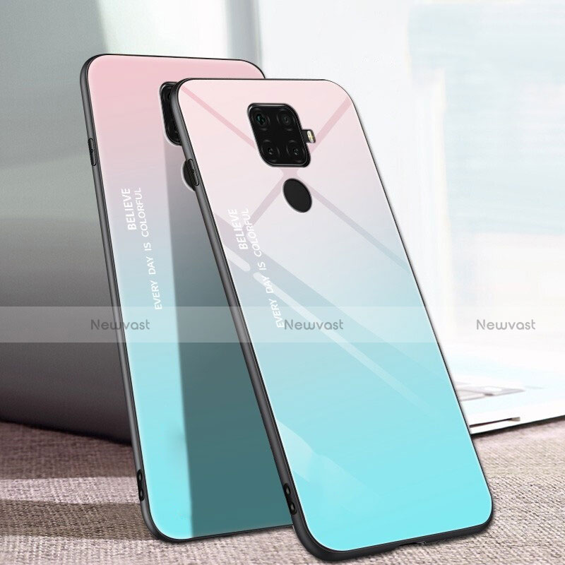 Silicone Frame Mirror Rainbow Gradient Case Cover for Huawei Mate 30 Lite Cyan