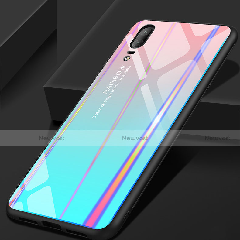 Silicone Frame Mirror Rainbow Gradient Case Cover for Huawei P20 Cyan