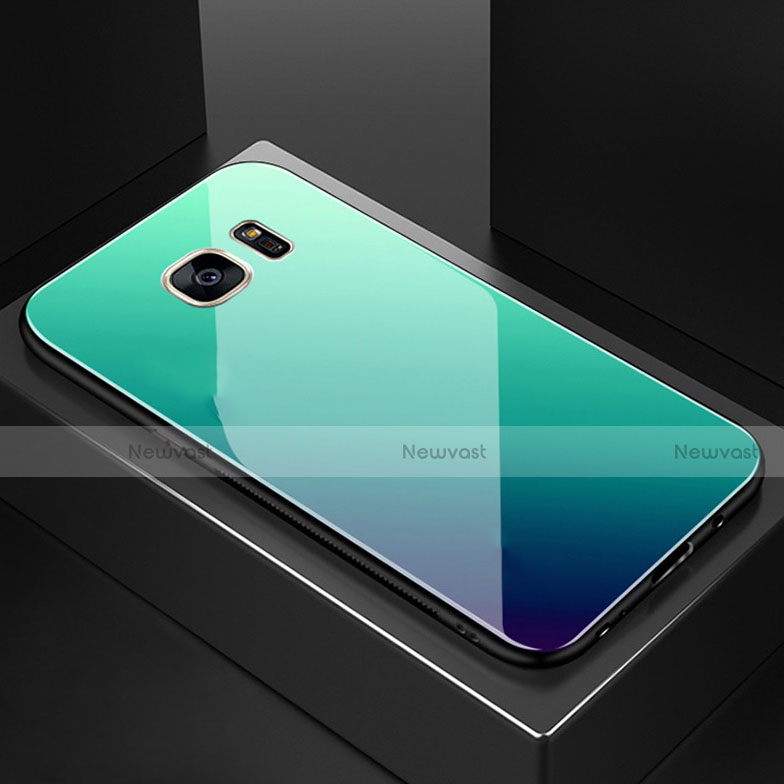 Silicone Frame Mirror Rainbow Gradient Case Cover for Samsung Galaxy S7 Edge G935F Cyan
