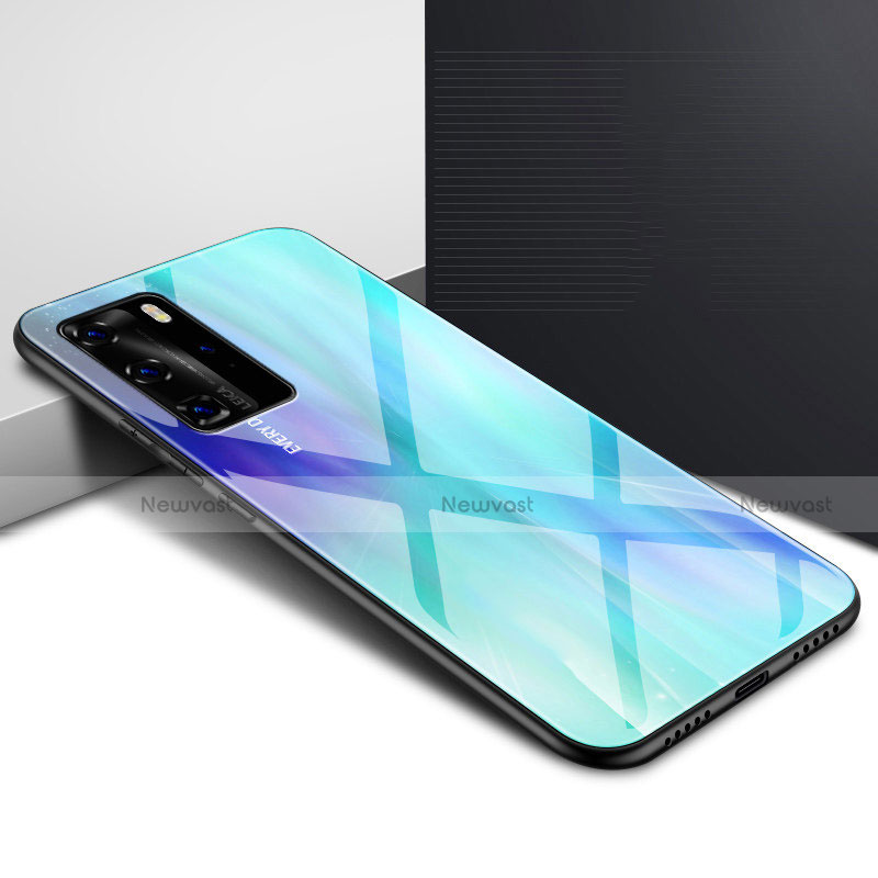 Silicone Frame Mirror Rainbow Gradient Case Cover H01 for Huawei P40 Pro Cyan