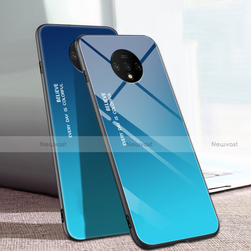 Silicone Frame Mirror Rainbow Gradient Case Cover H01 for OnePlus 7T Blue