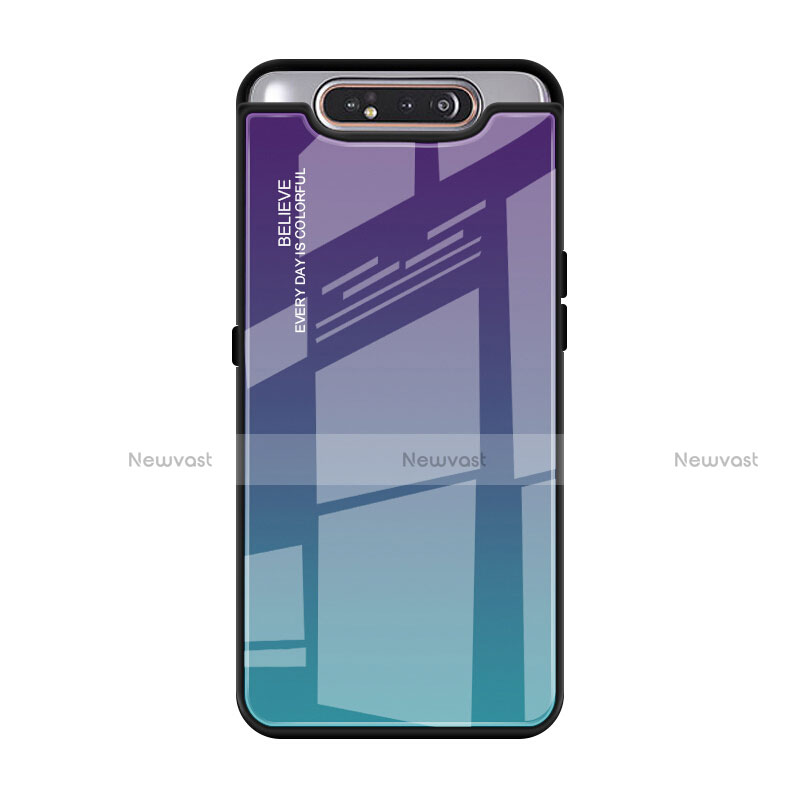 Silicone Frame Mirror Rainbow Gradient Case Cover H01 for Samsung Galaxy A80 Cyan