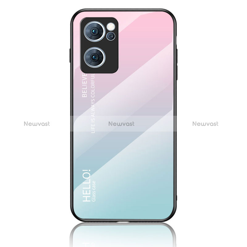 Silicone Frame Mirror Rainbow Gradient Case Cover LS1 for Oppo Reno7 5G Cyan