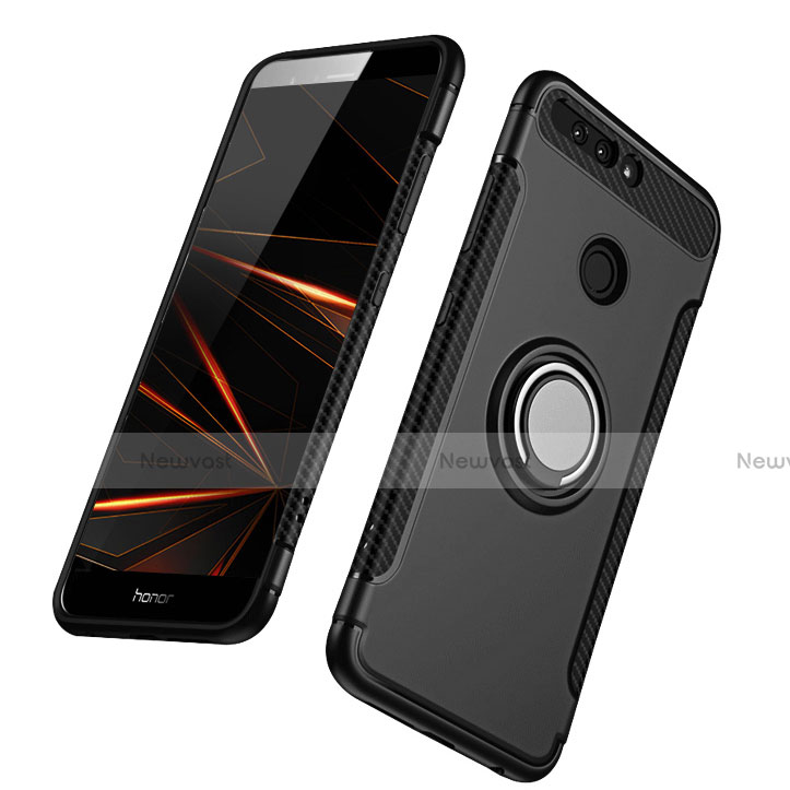 Silicone Matte Finish and Plastic Back Case with Finger Ring Stand A01 for Huawei Honor 8 Pro Black