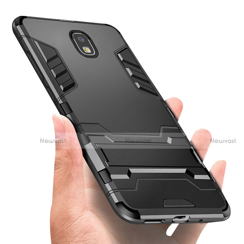 Silicone Matte Finish and Plastic Back Case with Finger Ring Stand A01 for Samsung Galaxy J3 (2018) SM-J377A Black