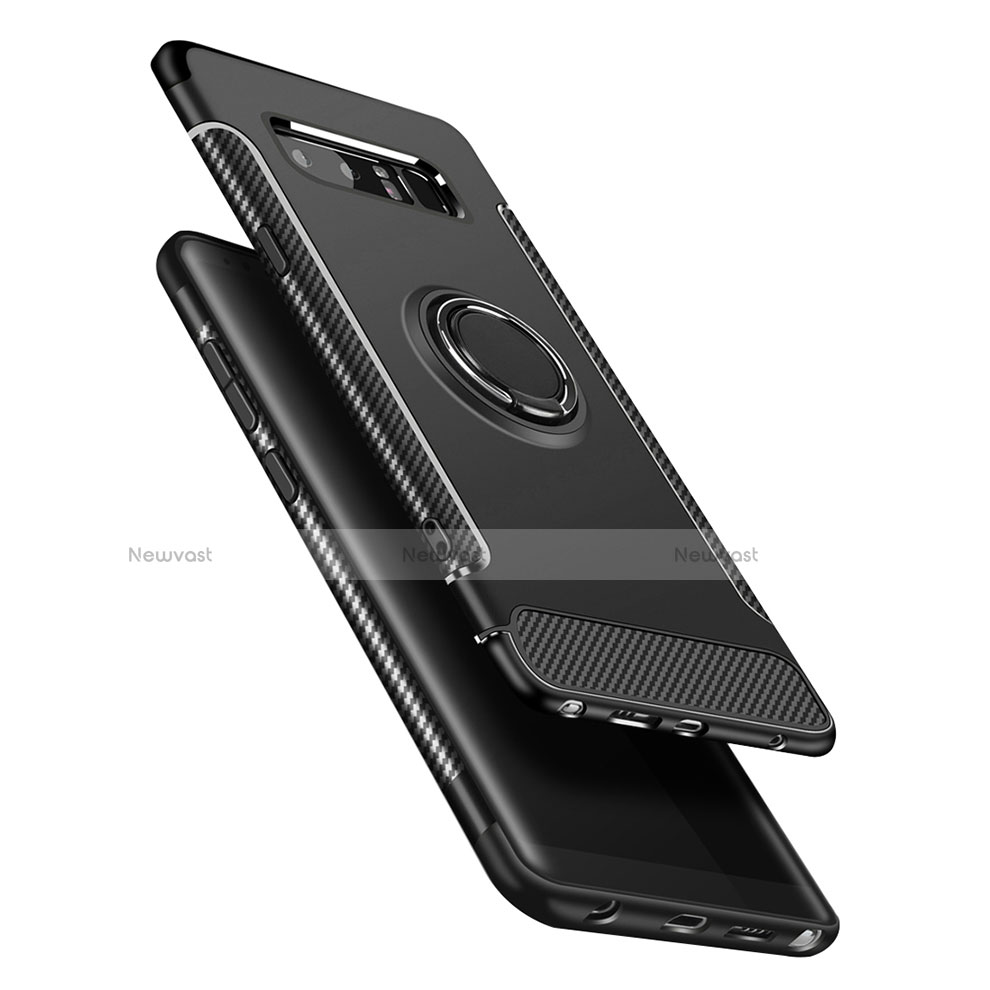 Silicone Matte Finish and Plastic Back Case with Finger Ring Stand A01 for Samsung Galaxy Note 8 Black