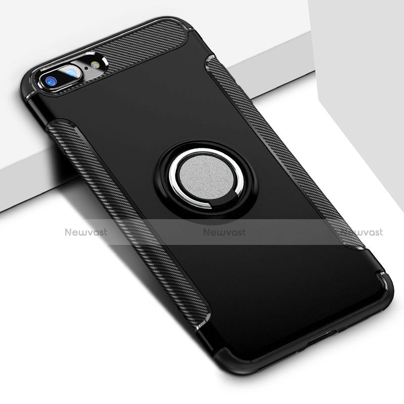 Silicone Matte Finish and Plastic Back Case with Finger Ring Stand A03 for Apple iPhone 7 Plus Black
