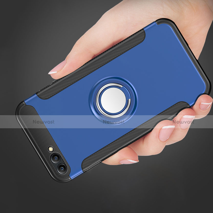 Silicone Matte Finish and Plastic Back Case with Finger Ring Stand for Huawei Honor 10 Blue
