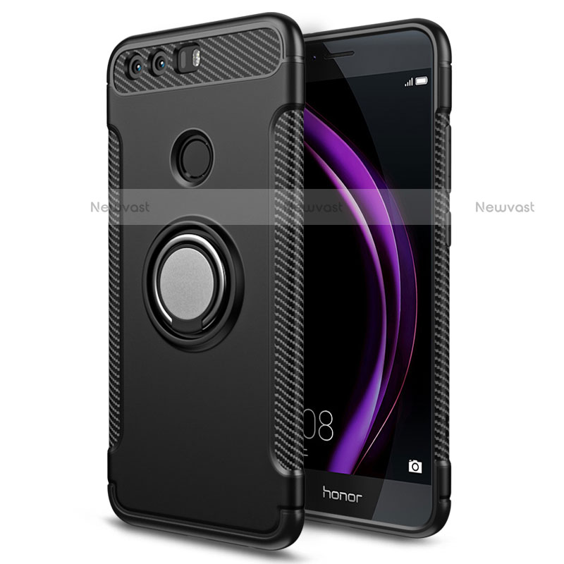 Silicone Matte Finish and Plastic Back Case with Finger Ring Stand for Huawei Honor 8 Black