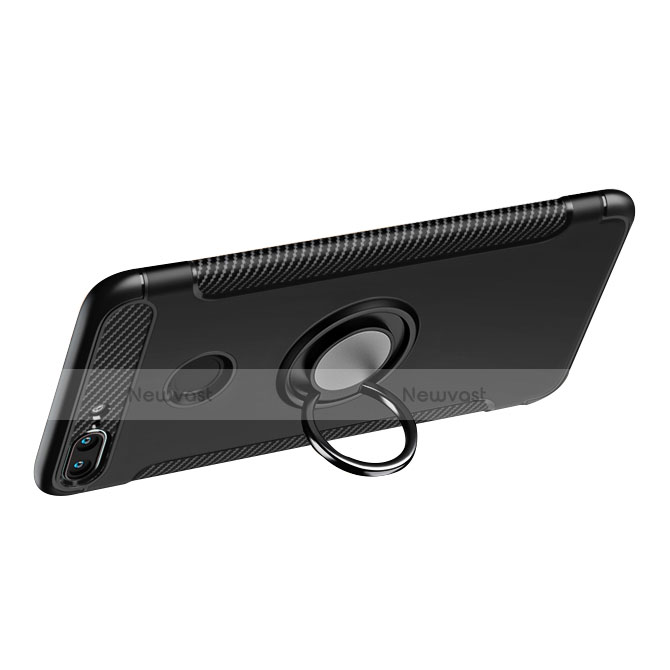 Silicone Matte Finish and Plastic Back Case with Finger Ring Stand for Huawei Honor 9 Lite Black
