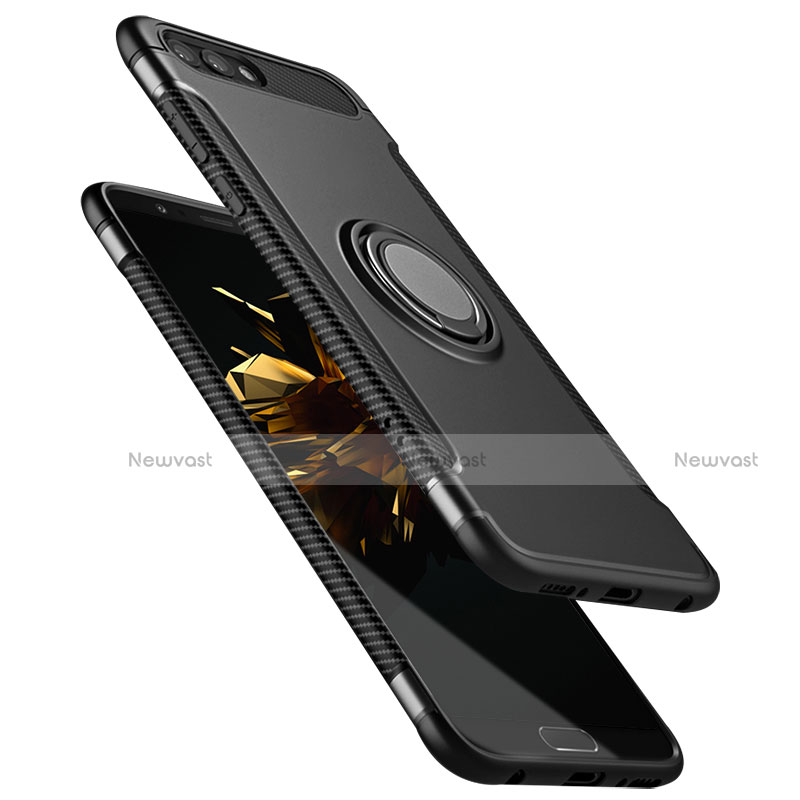 Silicone Matte Finish and Plastic Back Case with Finger Ring Stand for Huawei Honor View 10 Black