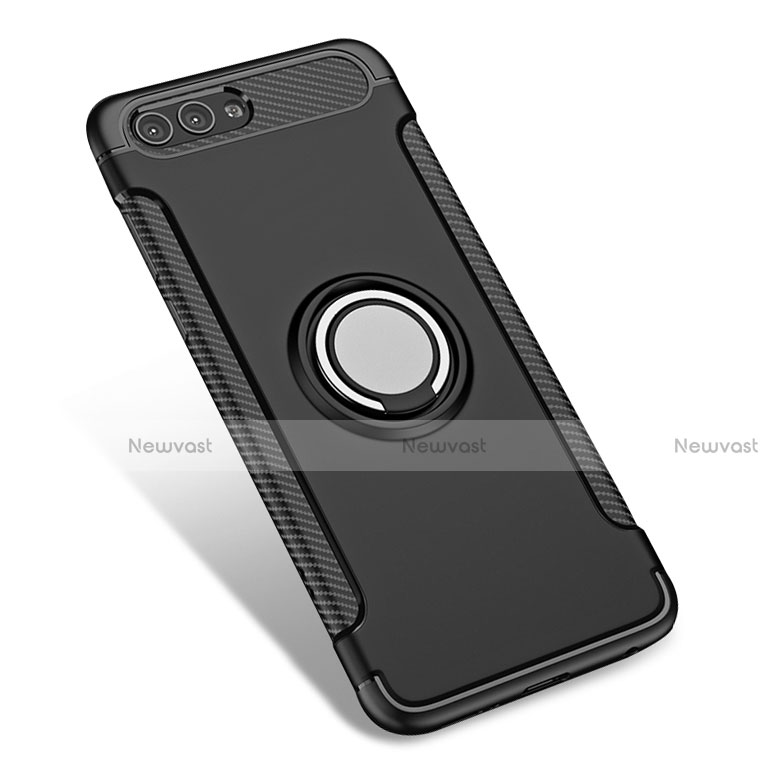 Silicone Matte Finish and Plastic Back Case with Finger Ring Stand for Huawei Honor View 10 Black