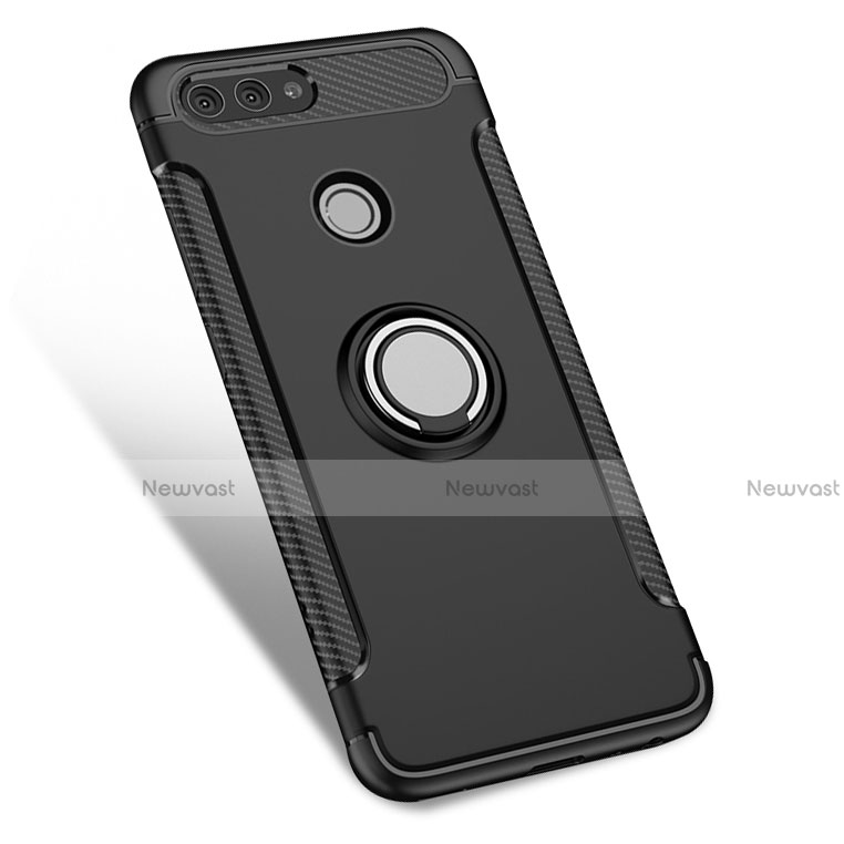 Silicone Matte Finish and Plastic Back Case with Finger Ring Stand for Huawei Nova 2 Plus Black