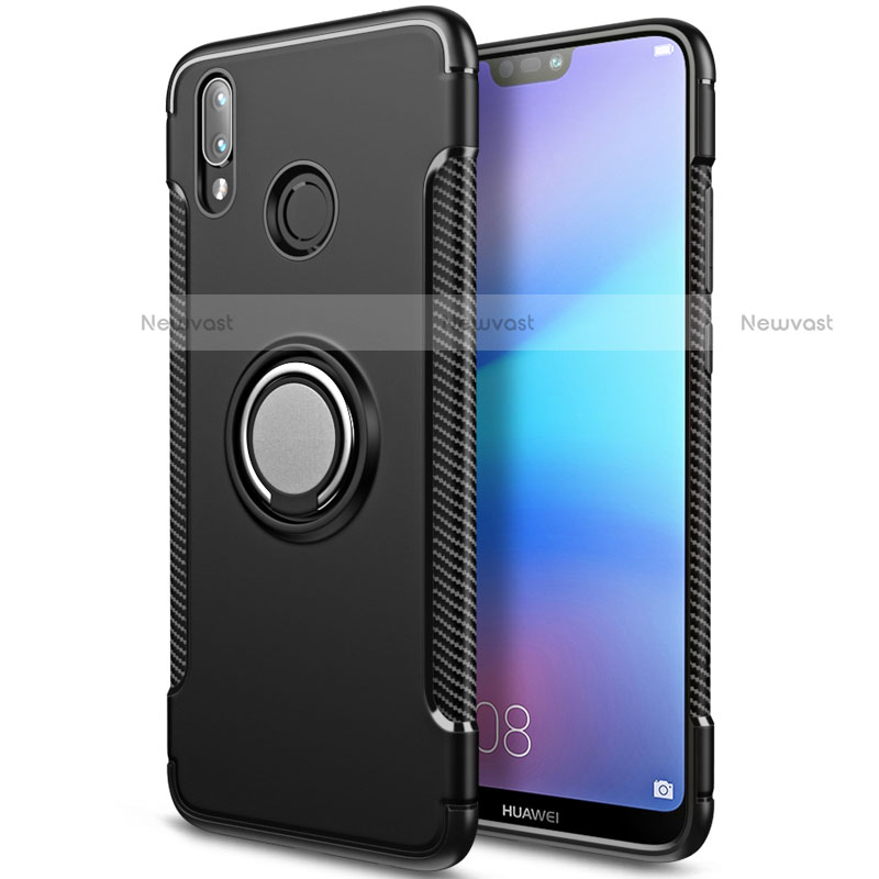 Silicone Matte Finish and Plastic Back Case with Finger Ring Stand for Huawei Nova 3e Black