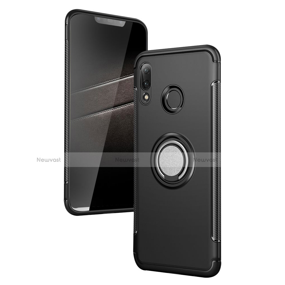 Silicone Matte Finish and Plastic Back Case with Finger Ring Stand for Huawei P Smart+ Plus Black
