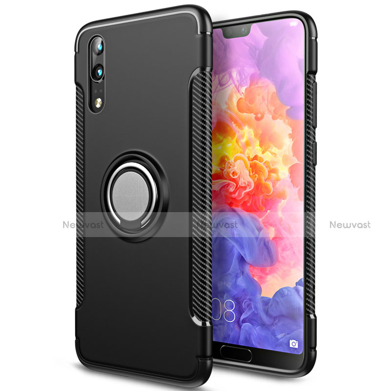 Silicone Matte Finish and Plastic Back Case with Finger Ring Stand for Huawei P20 Black