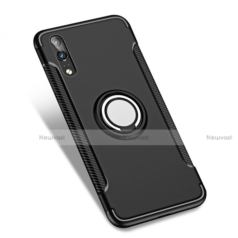 Silicone Matte Finish and Plastic Back Case with Finger Ring Stand for Huawei P20 Black