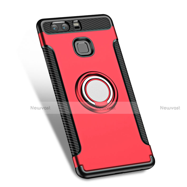 Silicone Matte Finish and Plastic Back Case with Finger Ring Stand for Huawei P9 Plus Red