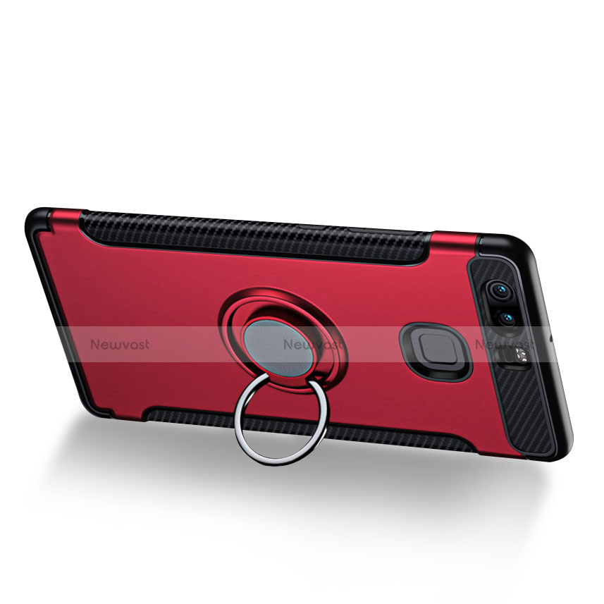 Silicone Matte Finish and Plastic Back Case with Finger Ring Stand for Huawei P9 Red