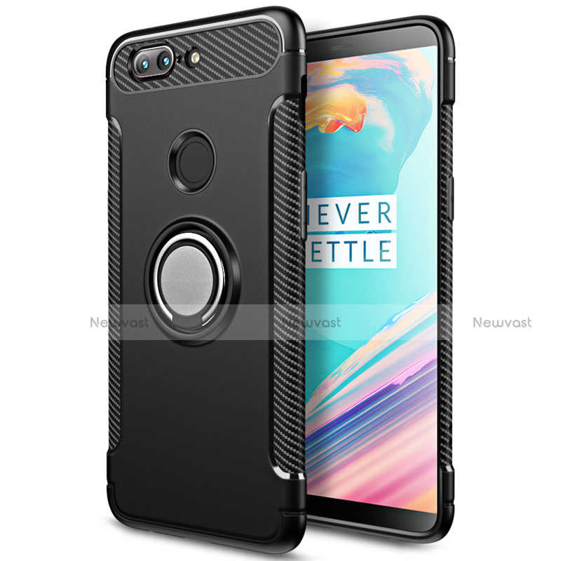 Silicone Matte Finish and Plastic Back Case with Finger Ring Stand for OnePlus 5T A5010 Black