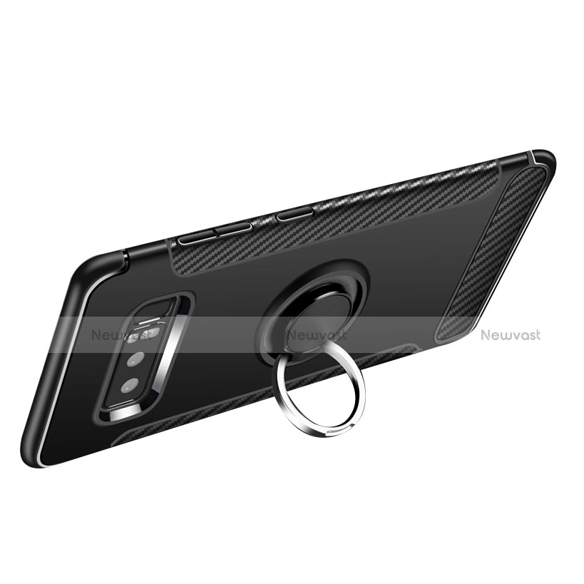 Silicone Matte Finish and Plastic Back Case with Finger Ring Stand for Samsung Galaxy Note 8 Black