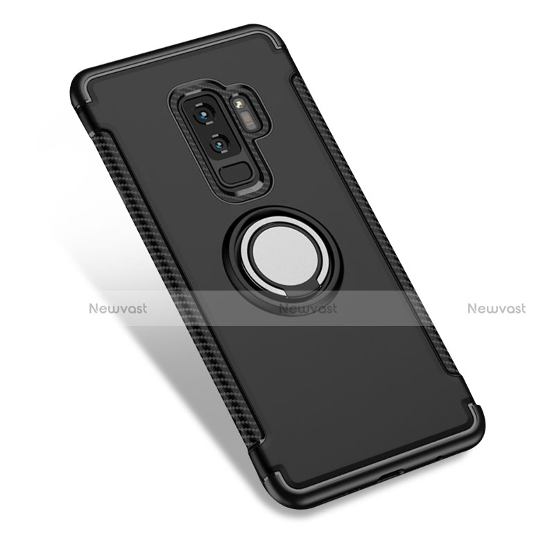 Silicone Matte Finish and Plastic Back Case with Finger Ring Stand for Samsung Galaxy S9 Plus Black