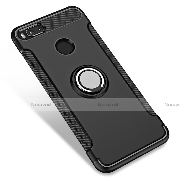 Silicone Matte Finish and Plastic Back Case with Finger Ring Stand for Xiaomi Mi A1 Black