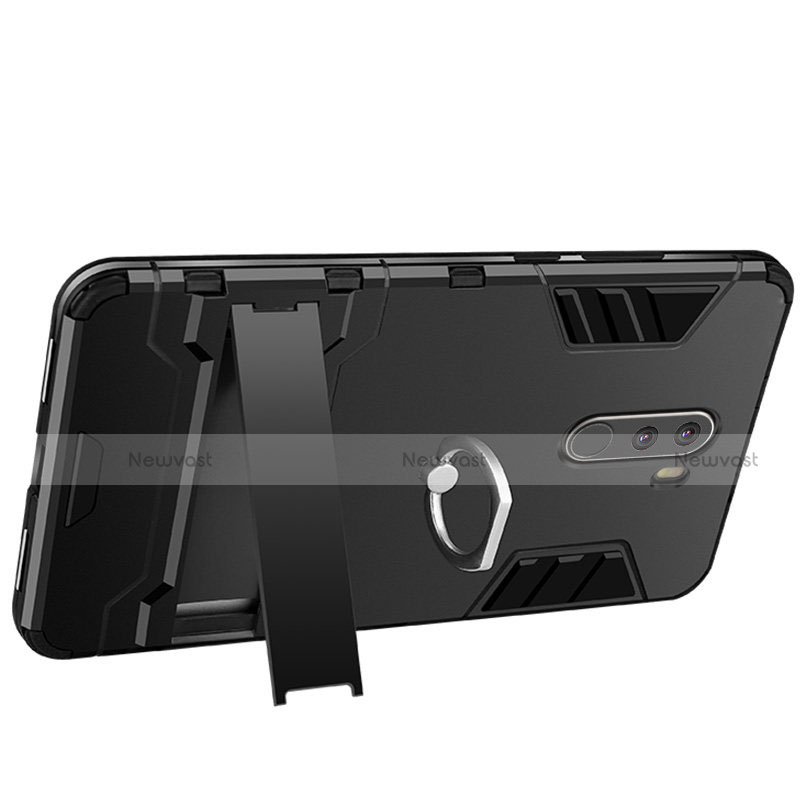 Silicone Matte Finish and Plastic Back Case with Finger Ring Stand for Xiaomi Pocophone F1 Black