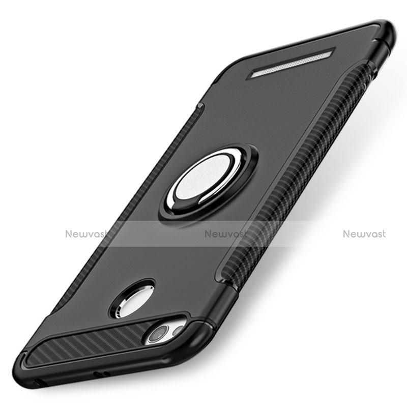 Silicone Matte Finish and Plastic Back Case with Finger Ring Stand for Xiaomi Redmi 3 Pro Black