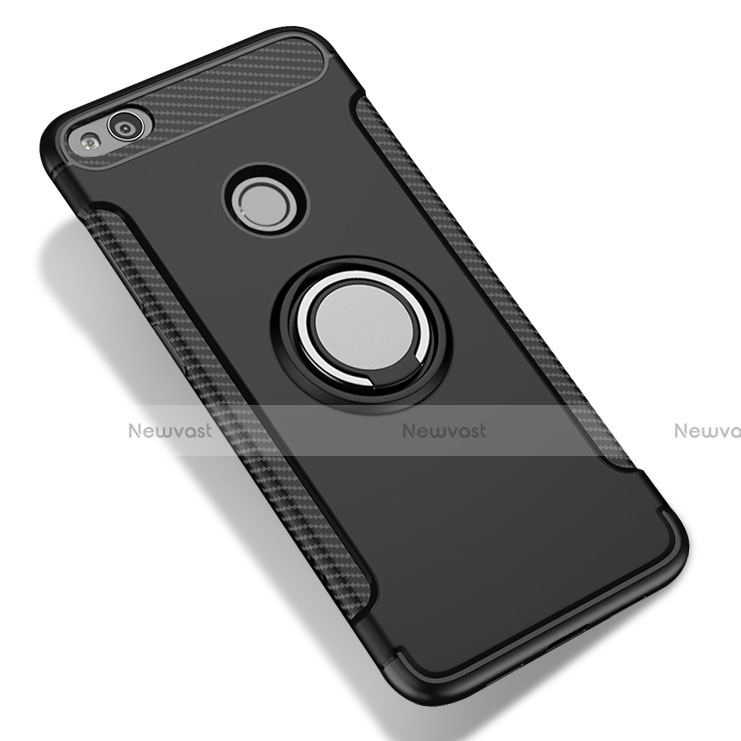 Silicone Matte Finish and Plastic Back Case with Finger Ring Stand for Xiaomi Redmi 3 Pro Black