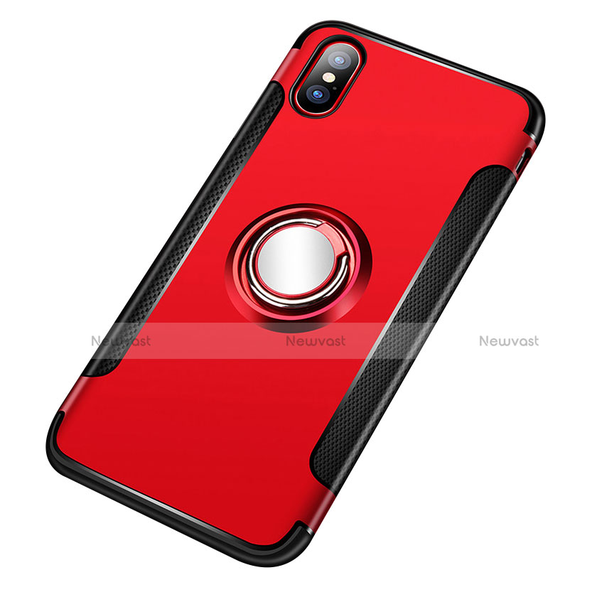 Silicone Matte Finish and Plastic Back Case with Finger Ring Stand T01 for Apple iPhone X Red