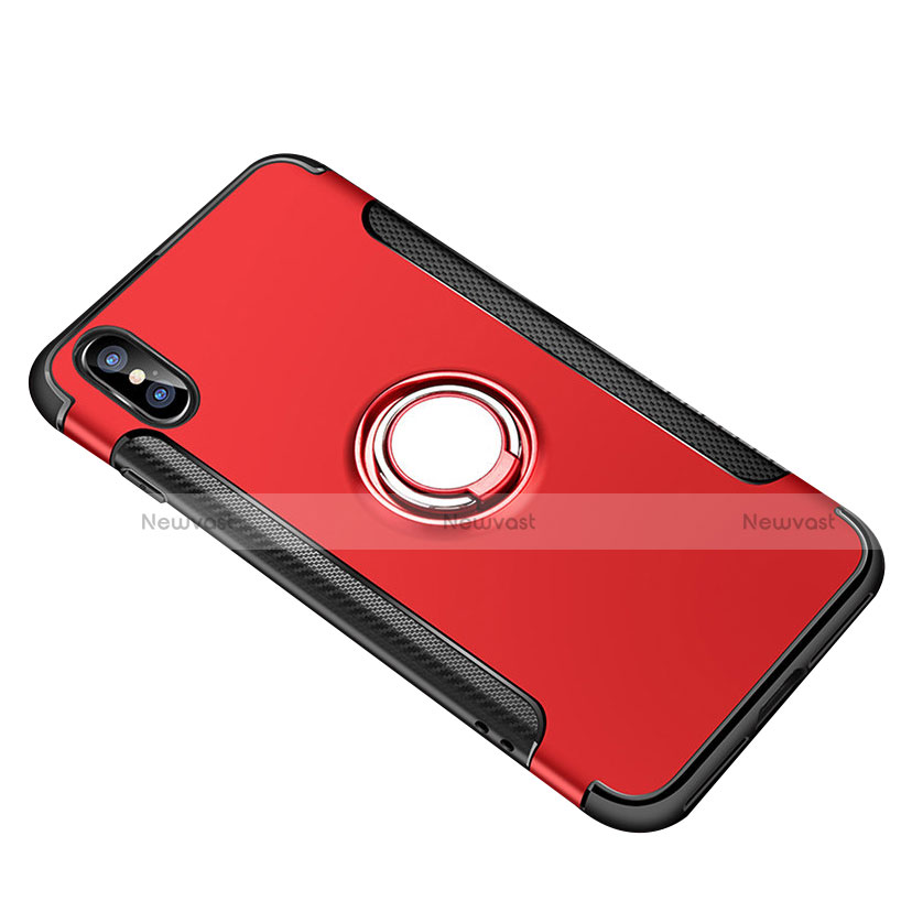 Silicone Matte Finish and Plastic Back Case with Finger Ring Stand T01 for Apple iPhone X Red