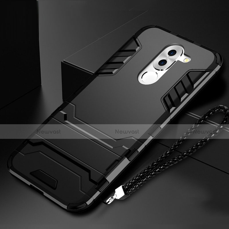 Silicone Matte Finish and Plastic Back Case with Stand for Huawei Honor 6X Black