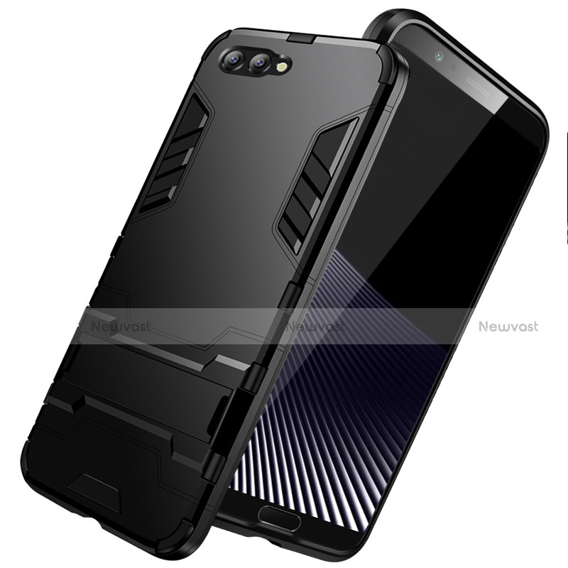 Silicone Matte Finish and Plastic Back Case with Stand for Huawei Honor V10 Black