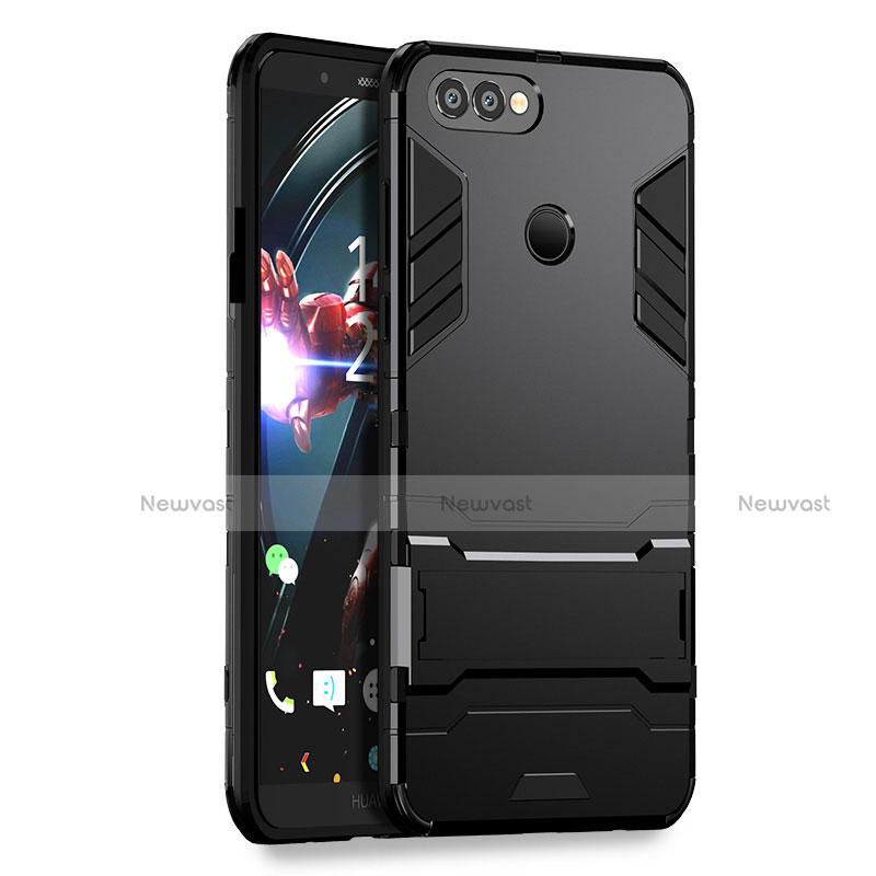 Silicone Matte Finish and Plastic Back Case with Stand for Huawei P Smart Black