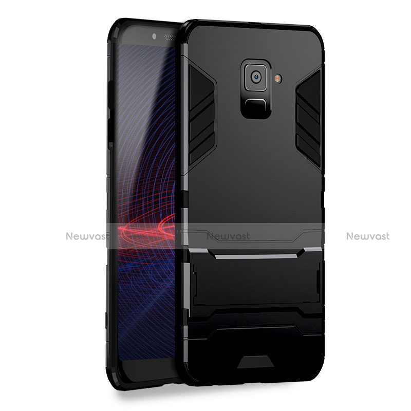 Silicone Matte Finish and Plastic Back Case with Stand for Samsung Galaxy A8 (2018) Duos A530F Black