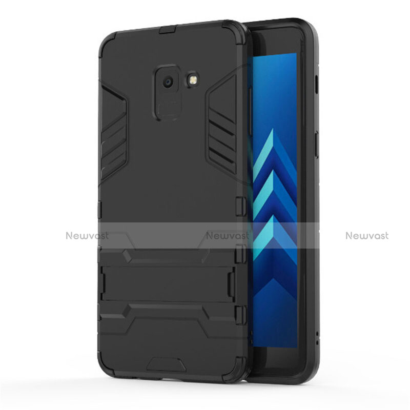 Silicone Matte Finish and Plastic Back Case with Stand for Samsung Galaxy A8+ A8 Plus (2018) A730F Black