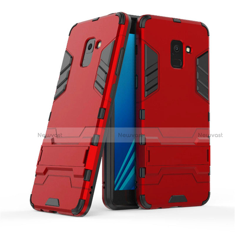 Silicone Matte Finish and Plastic Back Case with Stand for Samsung Galaxy A8+ A8 Plus (2018) A730F Red