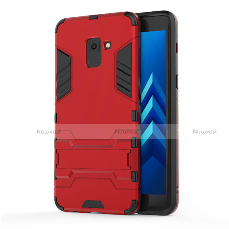 Silicone Matte Finish and Plastic Back Case with Stand for Samsung Galaxy A8+ A8 Plus (2018) A730F Red