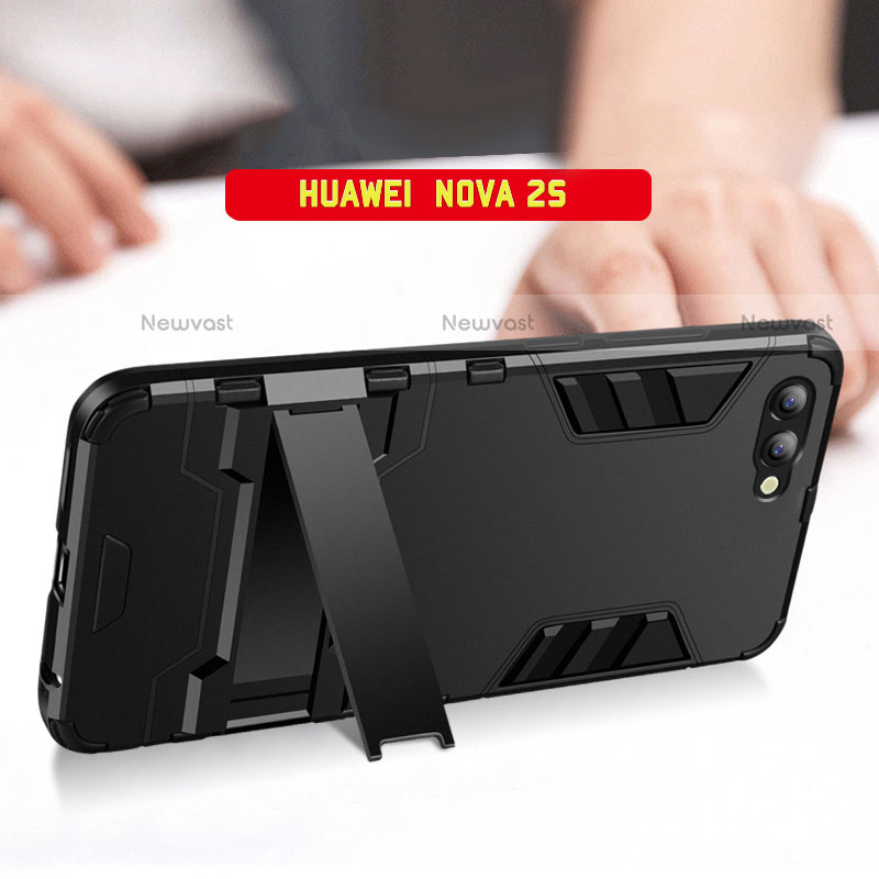 Silicone Matte Finish and Plastic Back Case with Stand R01 for Huawei Nova 2S Black