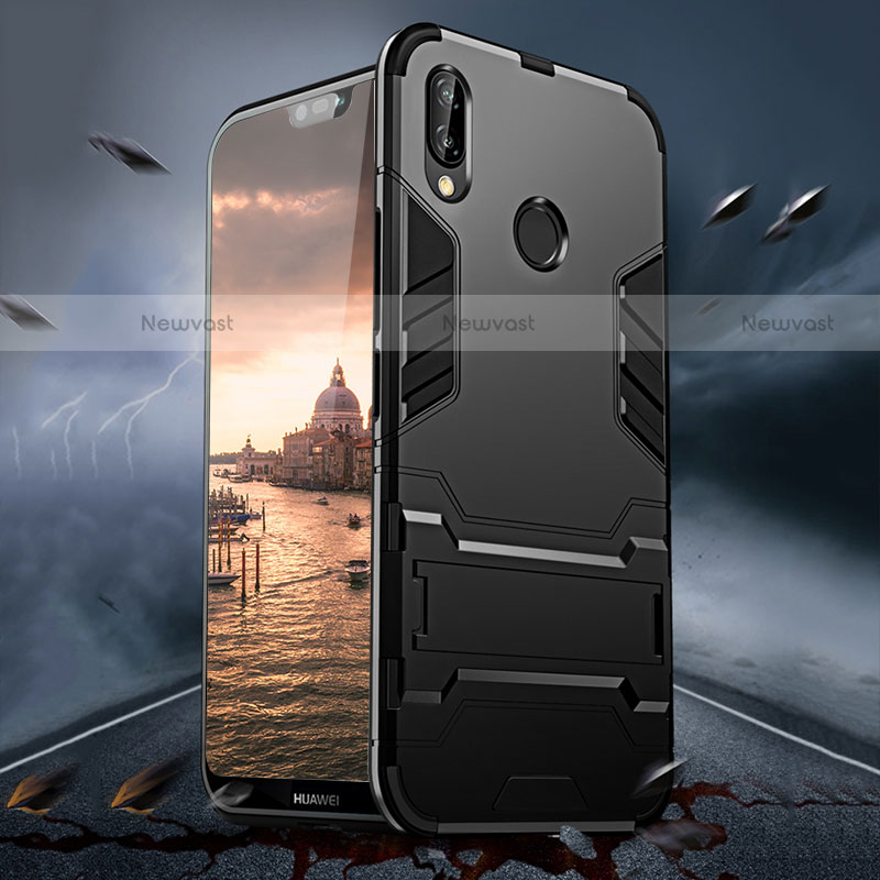 Silicone Matte Finish and Plastic Back Case with Stand R01 for Huawei Nova 3e Black