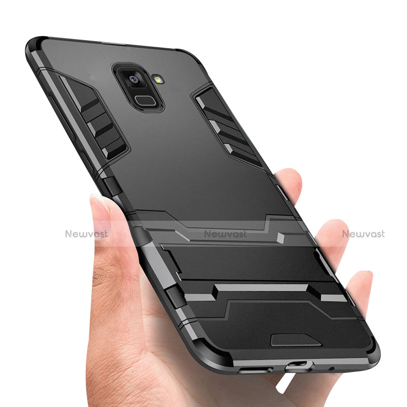 Silicone Matte Finish and Plastic Back Case with Stand W01 for Samsung Galaxy A8+ A8 Plus (2018) Duos A730F Black