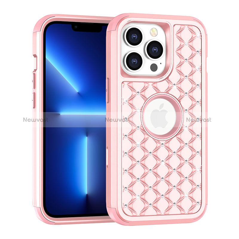 Silicone Matte Finish and Plastic Back Cover Case 360 Degrees Bling-Bling for Apple iPhone 13 Pro Max Rose Gold
