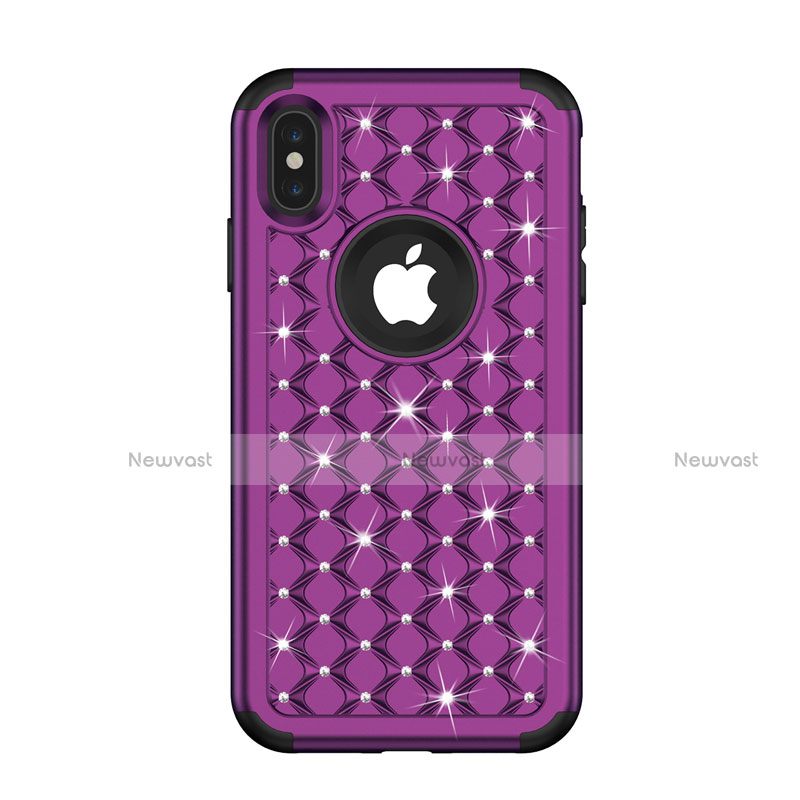 Silicone Matte Finish and Plastic Back Cover Case 360 Degrees Bling-Bling for Apple iPhone X Purple