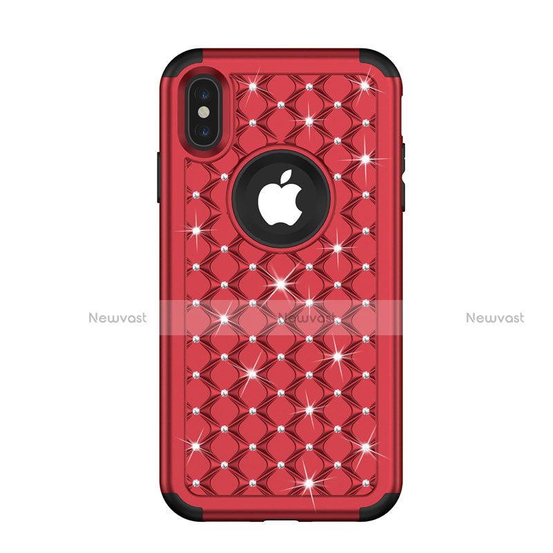 Silicone Matte Finish and Plastic Back Cover Case 360 Degrees Bling-Bling for Apple iPhone X Red