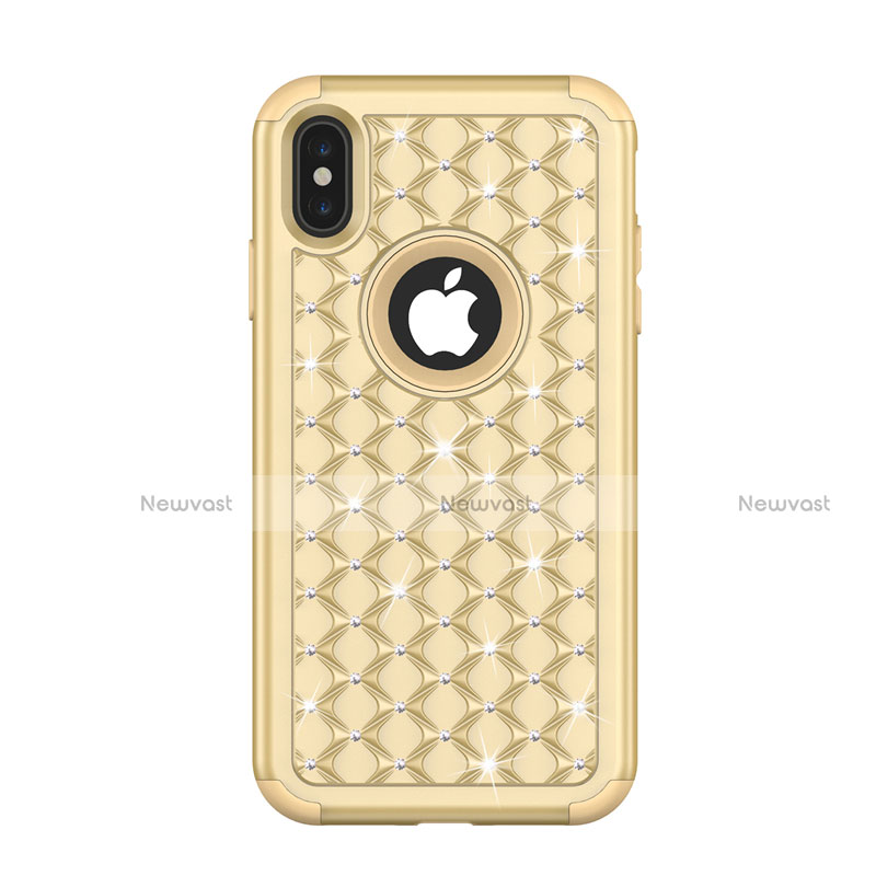 Silicone Matte Finish and Plastic Back Cover Case 360 Degrees Bling-Bling for Apple iPhone Xs Gold