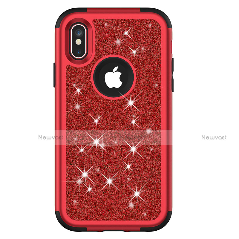 Silicone Matte Finish and Plastic Back Cover Case 360 Degrees Bling-Bling U01 for Apple iPhone X Red