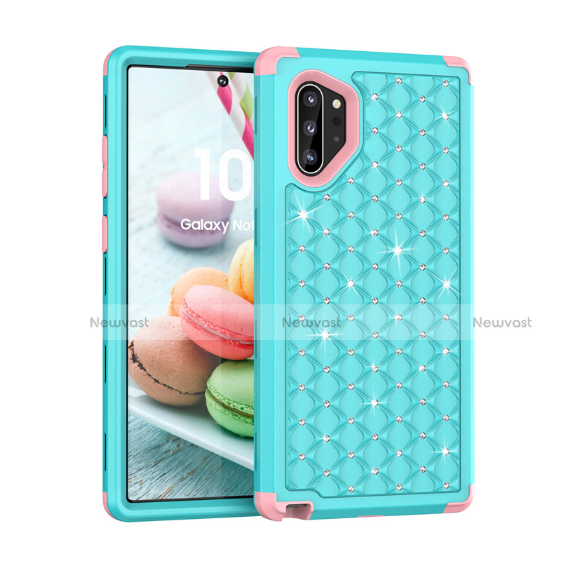 Silicone Matte Finish and Plastic Back Cover Case 360 Degrees Bling-Bling U01 for Samsung Galaxy Note 10 Plus 5G Cyan