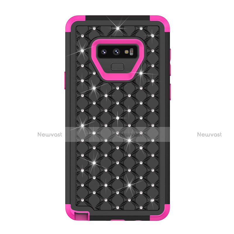 Silicone Matte Finish and Plastic Back Cover Case 360 Degrees Bling-Bling U01 for Samsung Galaxy Note 9 Hot Pink