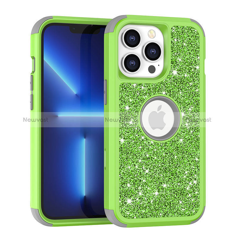 Silicone Matte Finish and Plastic Back Cover Case 360 Degrees Bling-Bling YJ1 for Apple iPhone 13 Pro Green